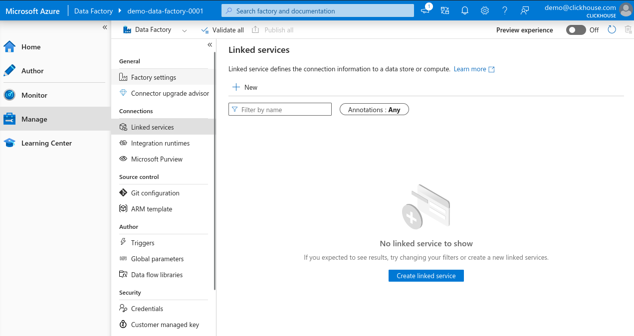 Azure Data Factory New Linked Service Button - Zoomed