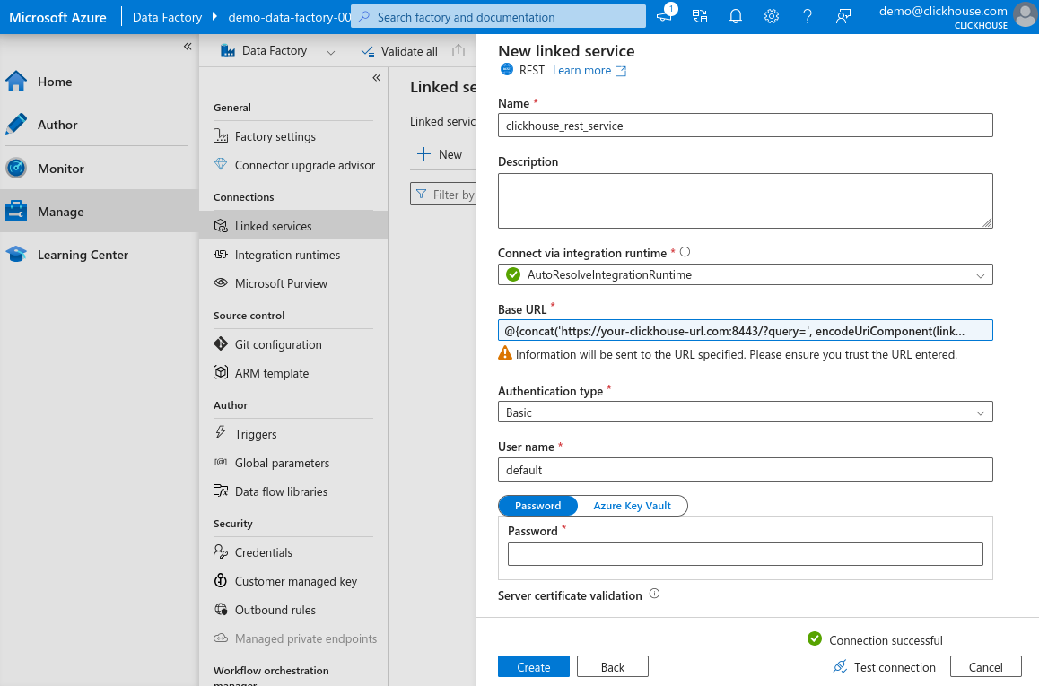 New Linked Service Check Connection - Zoomed