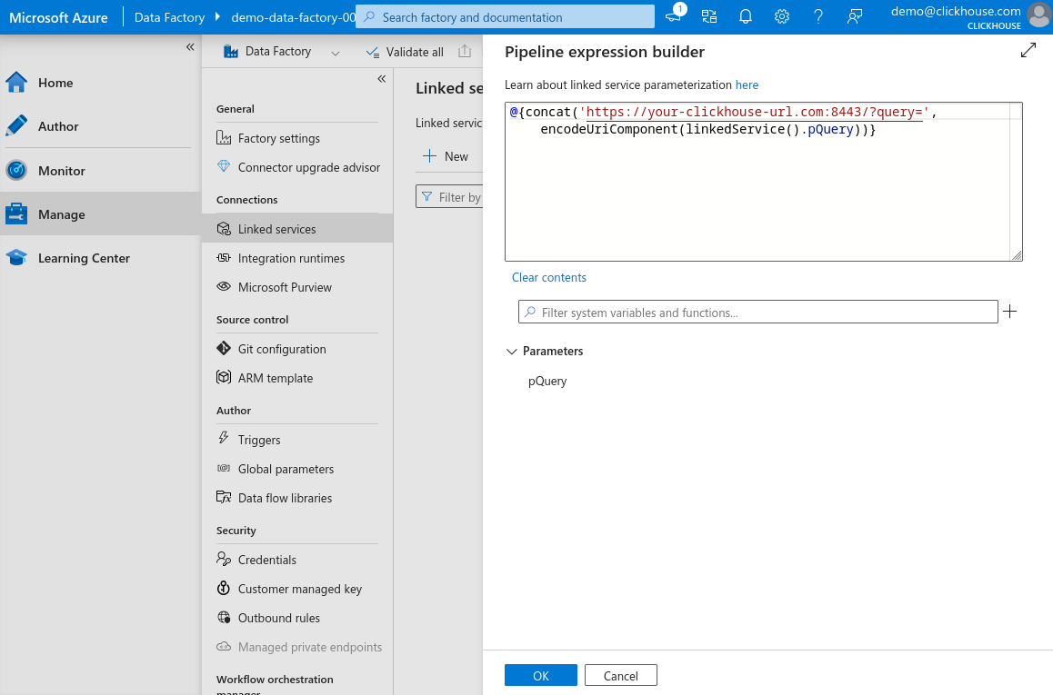 New Linked Service Expression Field Filled - Zoomed