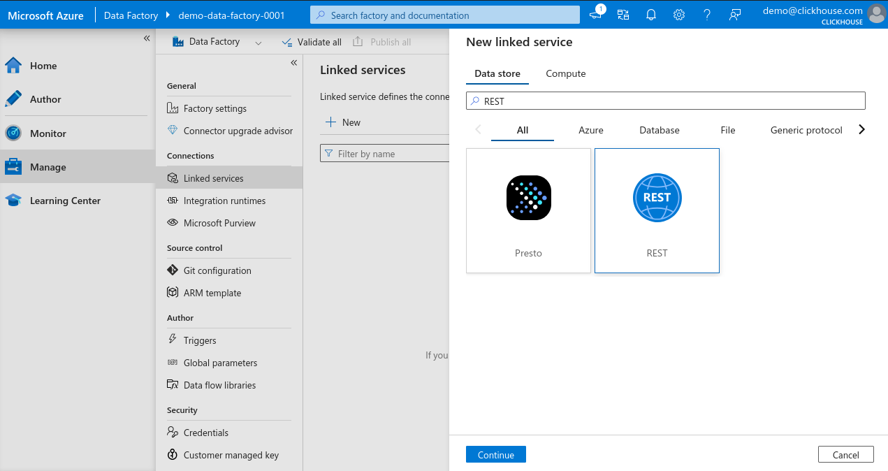 Azure Data Factory New Linked Service Search - Zoomed
