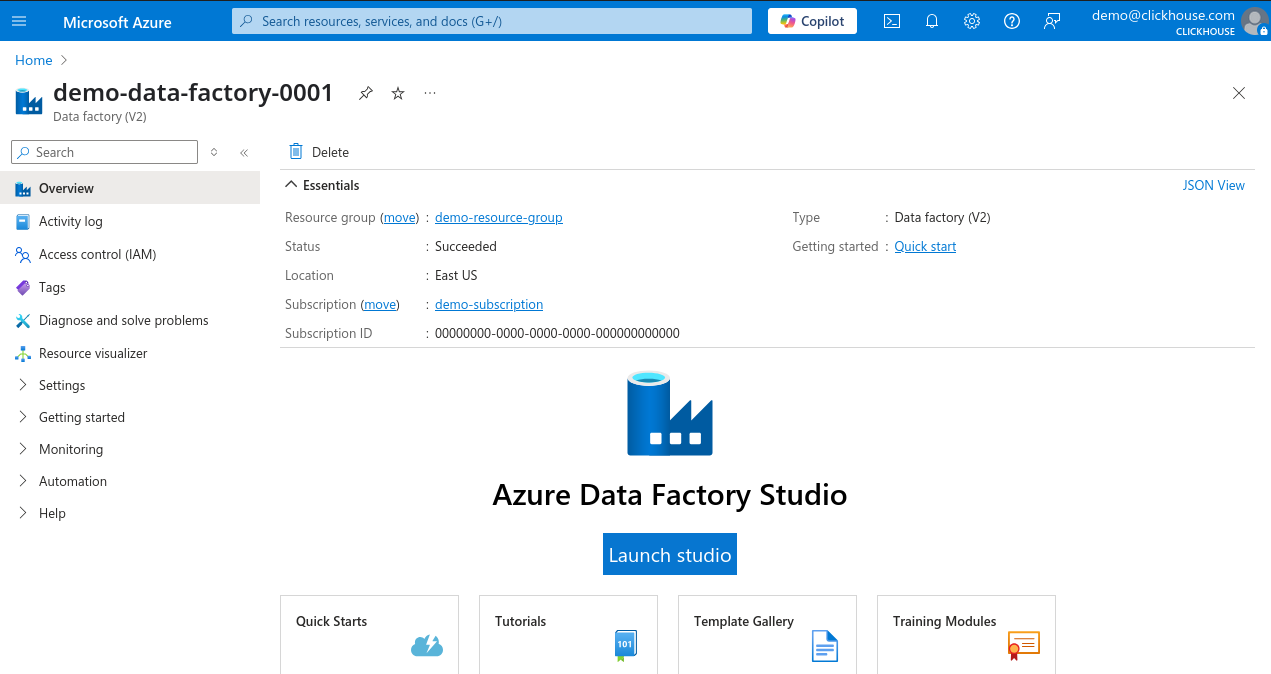 Azure Portal Data Factory Page - Zoomed