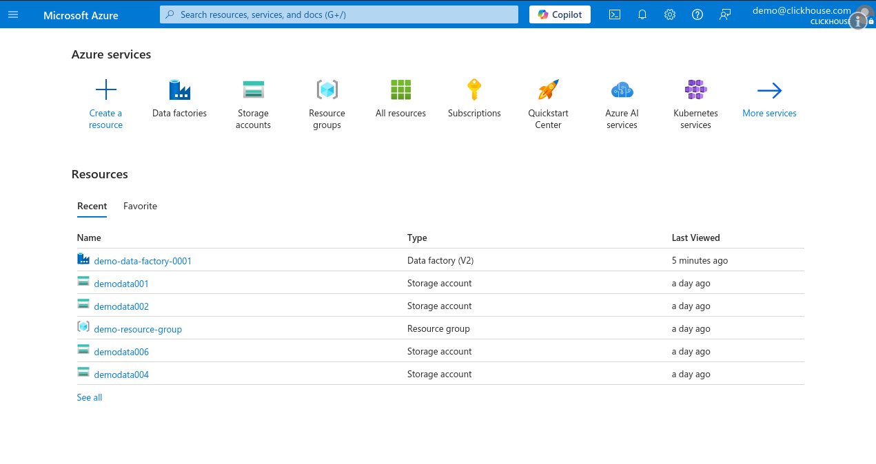 Azure Portal Home Page with Data Factory - Zoomed