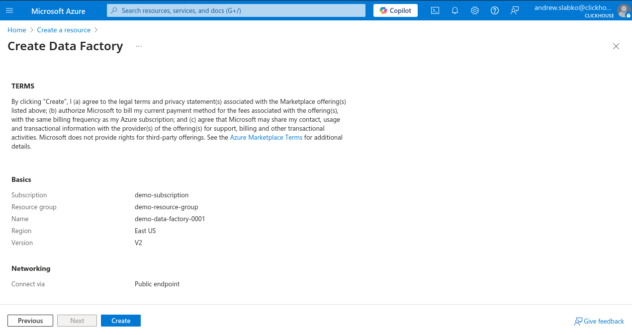 Azure Portal New Data Factory Confirm - Zoomed