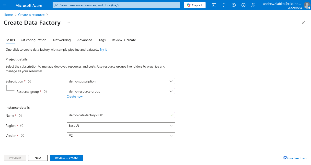 Azure Portal New Data Factory - Zoomed