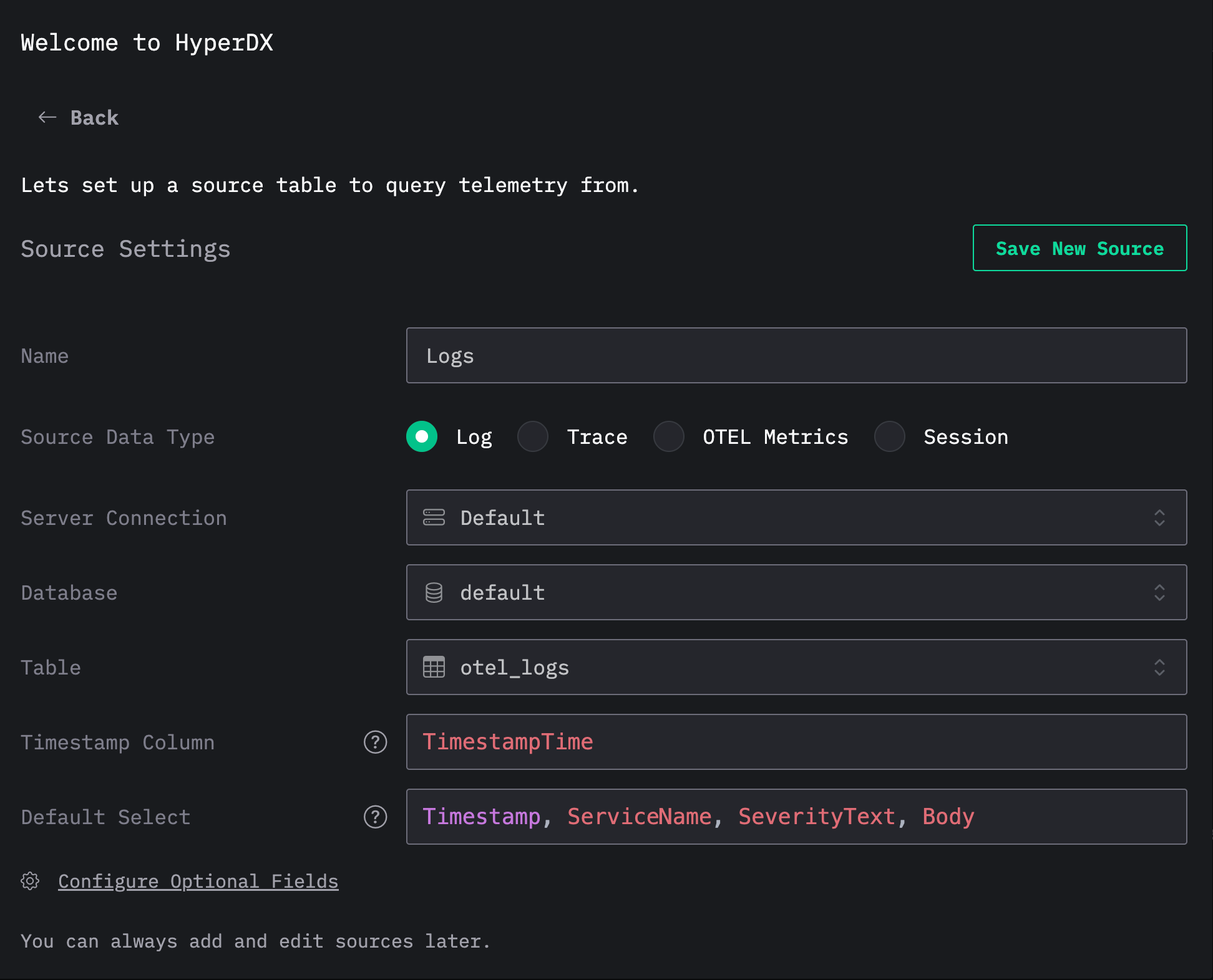 Create logs source - Zoomed